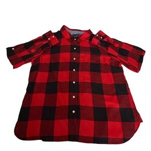 Tommy Hilfiger Womens XL Red Black Buffalo Plaid Cotton Button Down Shirt Rustic